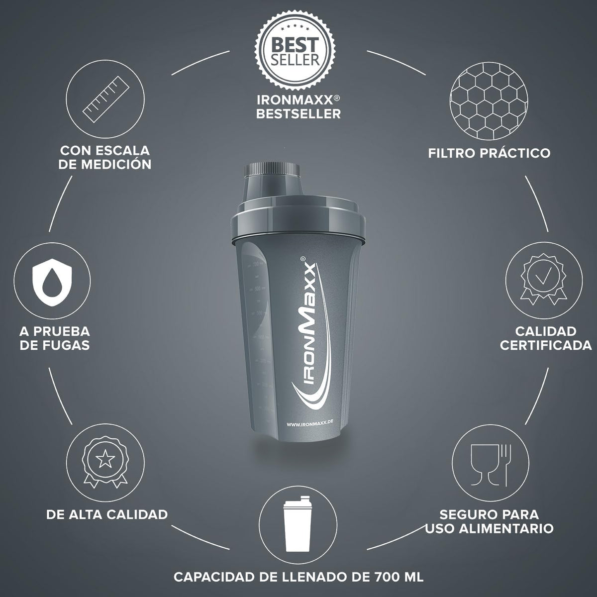 Ironmaxx Protein Shaker - 700Ml Antracita| Agitador De Proteínas | Tapón De Rosca, Tamiz, Escala | Sin BPA/DEHP, Hermético, Lavable