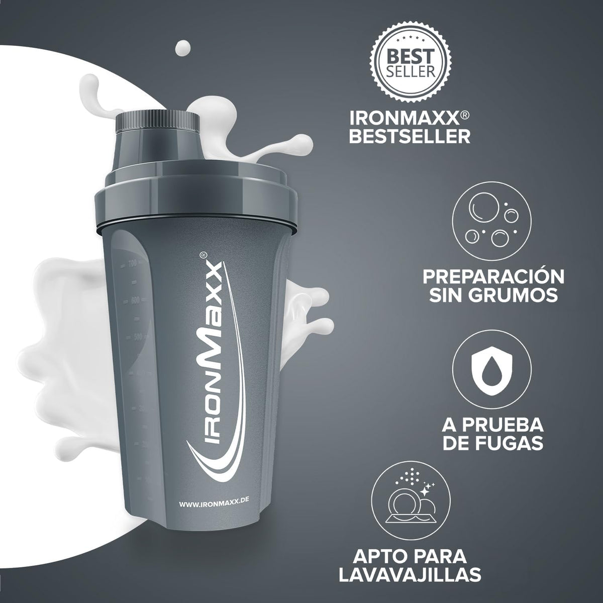 Ironmaxx Protein Shaker - 700Ml Antracita| Agitador De Proteínas | Tapón De Rosca, Tamiz, Escala | Sin BPA/DEHP, Hermético, Lavable
